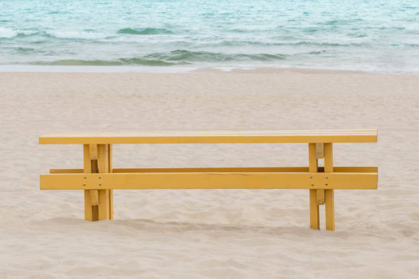 istock Empty wooden bench on sandy beach in front of sea 1217362808