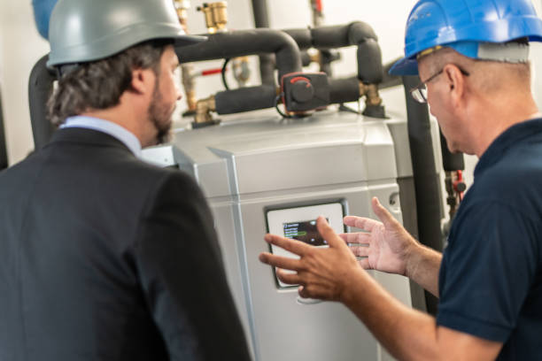 istock Engineer and real-estate investor talking while looking at a boiler 1217362935