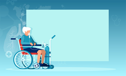 Vector of a senior woman with chronic obstructive pulmonary disease sitting in a wheelchair receiving oxygen therapy