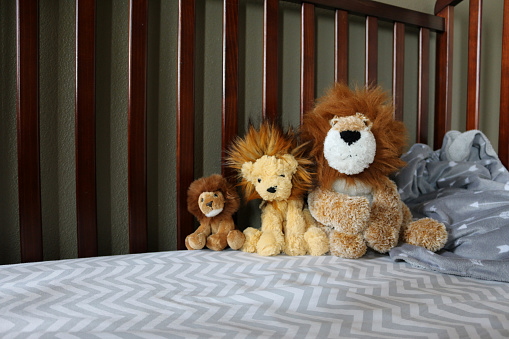 Love & Togetherness concept still life of lion stuffed animals on toddler crib bed symbol of family