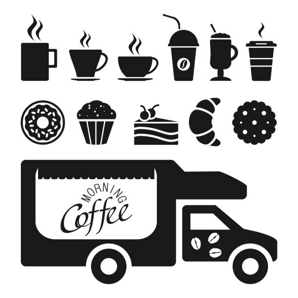 ilustrações de stock, clip art, desenhos animados e ícones de seth coffe truck. coffee in mugs and cups. delicious coffee treats. sale of a flavored drink from a mobile coffee shop. vector illustration isolated on a white background for design and web. - mobile work