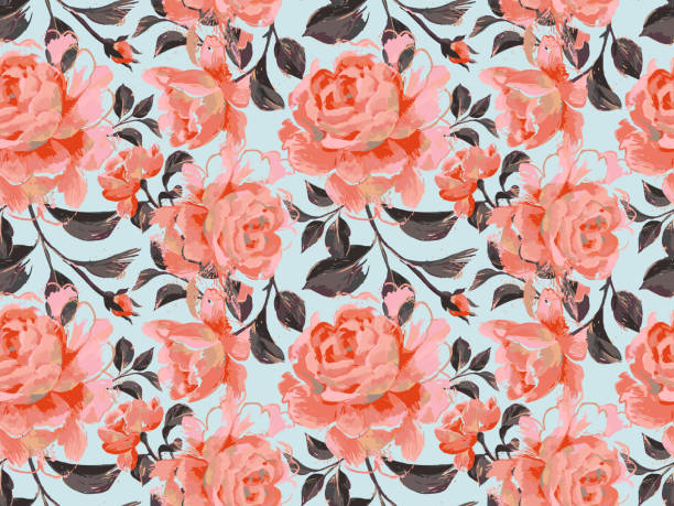 ilustraciones, imágenes clip art, dibujos animados e iconos de stock de patrón sin costuras hecho de rosas grandes - rosa flor