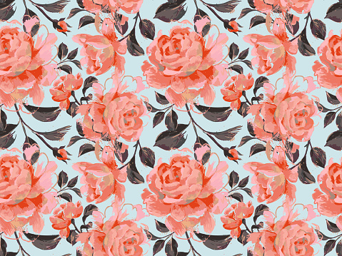 Floral seamless pattern made of opulent large roses. Acrylic painting with flower buds and leaves. Botanical illustration for fabric and textile.