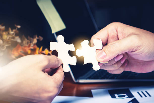 Partnership with puzzle jigsaw perfect fit match teamwork support build dream team. Join strategy together help safe solve crisis problem together in social distance business from coronavirus outbreak