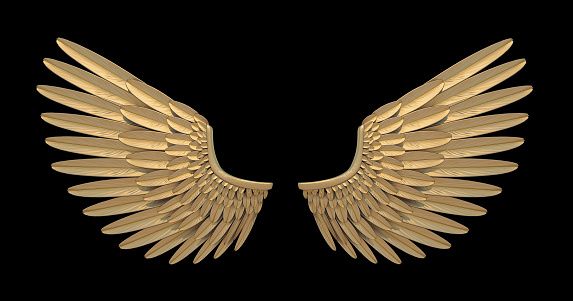 Beautiful Angel Golden wings statue for a garden on black background,  3d render