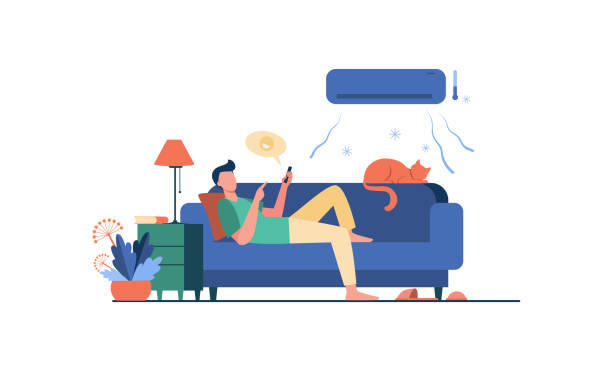 junger mann entspannt auf der couch unter klimaanlage - sofa stock-grafiken, -clipart, -cartoons und -symbole