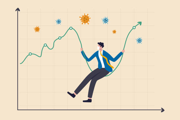 illustrations, cliparts, dessins animés et icônes de coronavirus crash stock market plunged, high volatility asset price swing in coronavirus outbreak crisis concept, businessman with sanitary mask sit on stock market graph as swing, covid-19 pathogen - sanitary