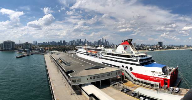 Ship on the sea Melbourne, Australia - February 6th 2019. The Spirit of Tasmania, a daily ferry service from mainland Australia to Tasmania, docked at Station Pier in Port Melbourne. port melbourne melbourne stock pictures, royalty-free photos & images