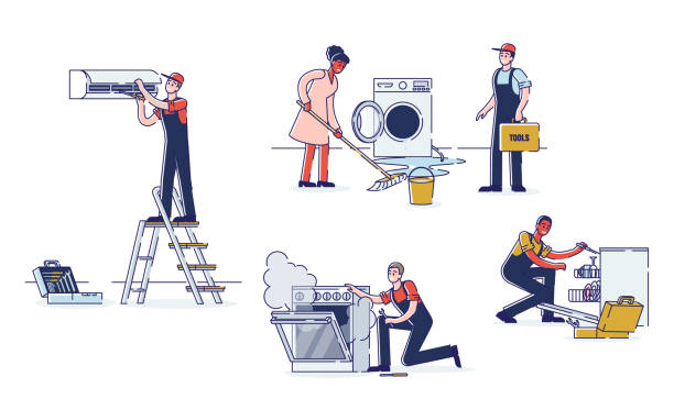 Concept Of Electric Appliances Service. Professional Workers Repairmen In Uniform Are Fixing Appliances. Technicians Are Repairing Electronics. Cartoon Linear Outline Flat Style. Vector Illustration Concept Of Electric Appliances Service. Professional Workers Repairmen In Uniform Are Fixing Appliances. Technicians Are Repairing Electronics. Cartoon Linear Outline Flat Style. Vector Illustration appliance repair stock illustrations