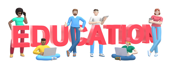 Word education on white background. Group of young multicultural successful people with laptop, tablet, phone. Horizontal banner cartoon character and website slogan. 3D rendering.