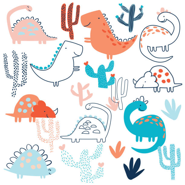 Childish illustration with hand drawn set of dino Childish illustration with hand drawn set of dino in doodle style. Perfect for kids fabric, textile, nursery wallpaper. dinosaur drawing stock illustrations