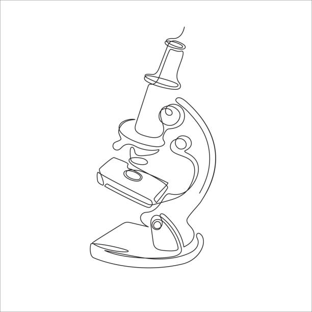 The microscope is drawn in one line. Laboratory instrument. The microscope is drawn in one line. Laboratory instrument. Vector illustration. The medicine. biology, science. laboratory drawings stock illustrations