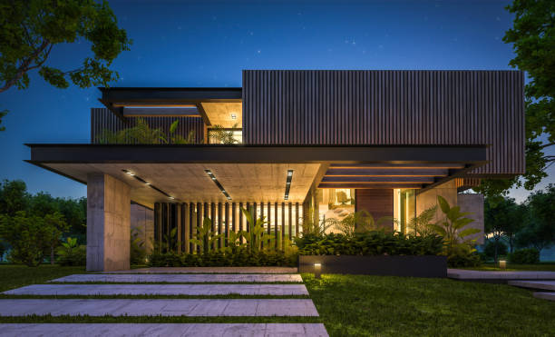 istock 3d rendering of modern house with wood plank facade in night 1217383483