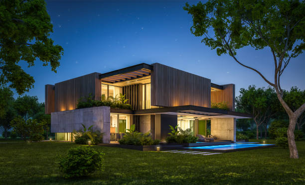 istock 3d rendering of modern house with wood plank facade in night 1217383485