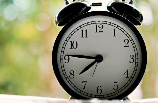 istock vintage alarm clock show before 8 o'clock on the table with green leafs blurred background 1217384089