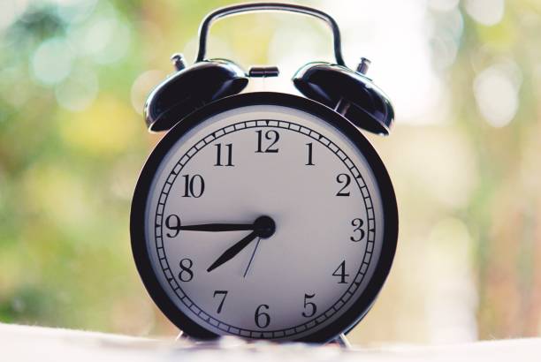 istock vintage alarm clock show before 8 o'clock on the table with green leafs blurred background 1217384191