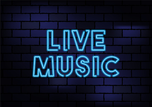 Live Music Sign Blue Neon Light On Dark Brick Wall. Horizontal composition with copy space.