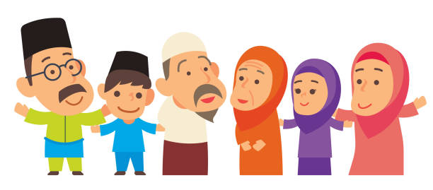 조부모, 부모, 아들과 딸에서 행복 한 무슬림 가족. 말레이시아 가족은 행복하게 함께 머물 - 벡터 문자 - taqiyah stock illustrations