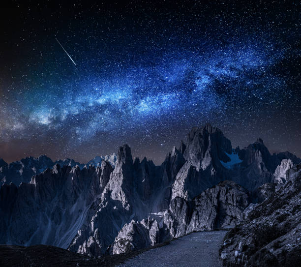 istock Milky way over mountains trail to Tre Cime, Dolomites 1217386500