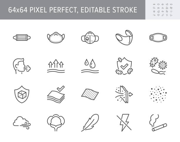 Medical masks line icons. Vector illustration included icon - n95 respirator mask, external influence protection, breathable outline pictogram, material properties 64x64 Pixel Perfect Editable Stroke Medical masks line icons. Vector illustration included icon as n95 respirator mask, external influence protection, breathable outline pictogram, material properties 64x64 Pixel Perfect Editable Stroke dust pollution stock illustrations