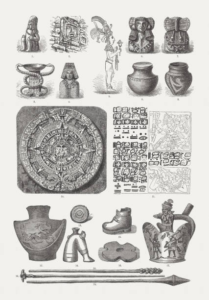South and Central American antiquities, wood engravings, published in 1893 South and Central American antiquities: 1) Idol; 2) Stucco head of Izamal (Yucatán, Mexico); 3) Altar; 4) Idol; 5) Bas-relief at the palace of Palenque (Chiapas, Mexico); 6 - 7) Bust of an Aztec Priestess (Mexico); 8) Urn; 9) Clay vase from a mound (Ohio); 10) Aztec sun stone; 11) Aztec manuscript; 12, 14, 15, 17) Clay pots (Inca Empire); 13) Artificial eye of a Peruvian mummy (Inca Empire); 16) brass knuckles of a battle ax (Inca Empire); 18) Lance (Inca Empire); 19) Spiked mace (Inca Empire); 20) Club. Wood engravings, published in 1893. peru symbols stock illustrations