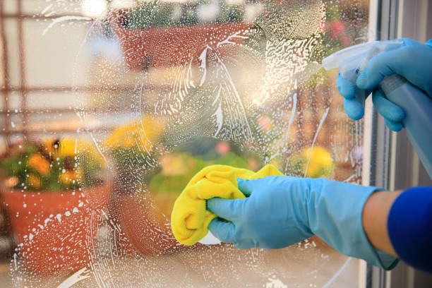 istock housekeeping: cleaning the windows, Window cleaner using a squeegee, sponge and soap suds to wash a window 1217390293