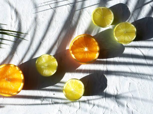 istock Oranges and limes, a green branch on a white background. 1217390302