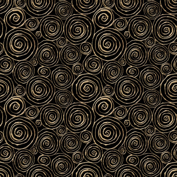 istock Abstract seamless pattern with 3d golden glittering acrylic paint round spiral circles on black background 1217390454