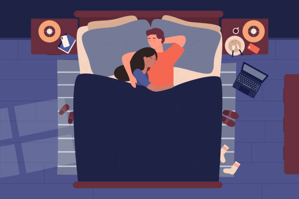 влюбленные молодые люди спят вместе. мужчина и женщина пара в постели ночью возле окна сверху вид плоский вектор иллюстрации. - passion people love sensuality stock illustrations