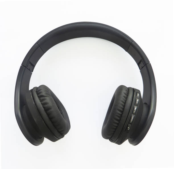istock Front view of black wireless headphones on white background. Rotating, compact and lightweight headphones for easy portability. 1217391811