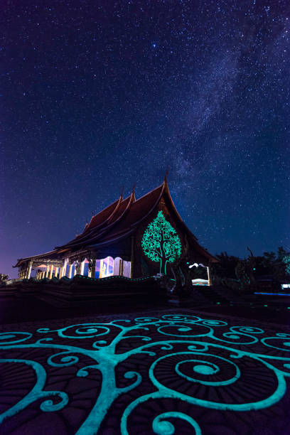 night view of wat sirindhorn wararam phu prao, glow in the dark temple under the milky way, ubon ratchathani, thailand - luminant imagens e fotografias de stock