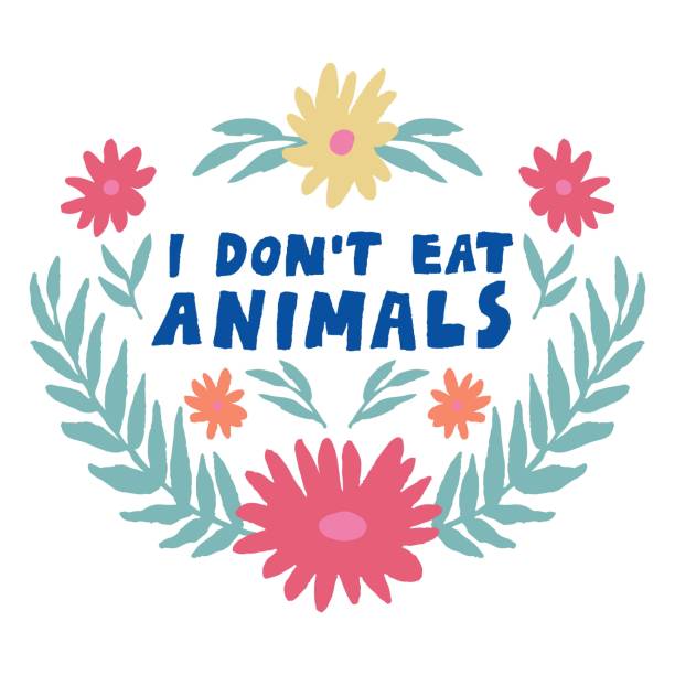 "I don't eat animals" lettering sign. Isolated on white. Symmetrical leaves and flowers. Floral composition. Vegan slogan. Design for shirt, mug, poster. Hand drawn vector illustration. dont eat meat stock illustrations