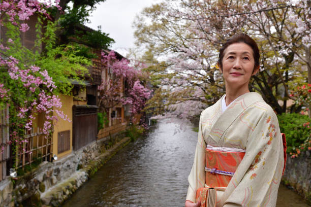 japanische frau in kimono genießen kirschblüte bei tatsumi-bashi, gion, kyoto - japanische blütenkirsche stock-fotos und bilder