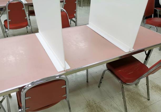 istock Privacy partition wall or divide space equipment set for social distancing with empty seats and tables in canteen 1217395962