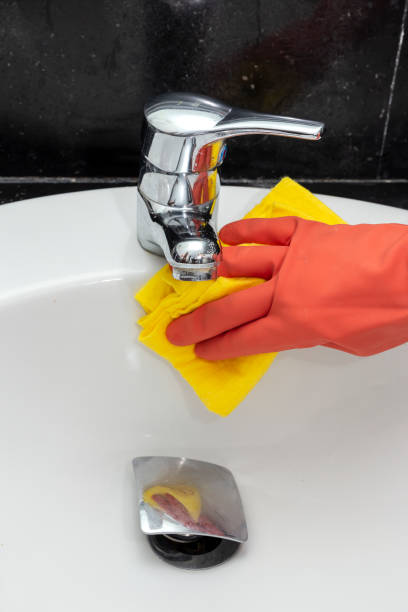 istock Unrecognizable woman's hands with protective gloves cleaning the house 1217396048