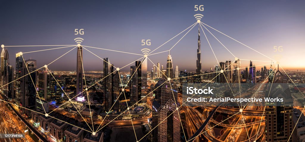 Dubai City Skyline and 5G Network Concept 5G Network Wireless Systems and Internet of Things with Modern City Skyline Connection Stock Photo