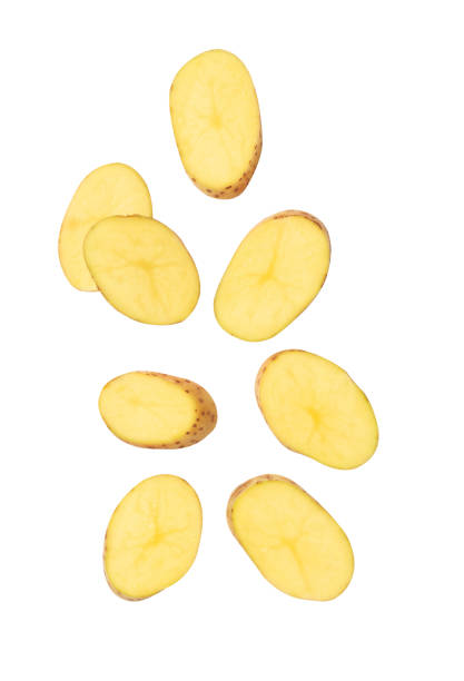 istock Falling potato slice isolated on white background with clipping path 1217398189