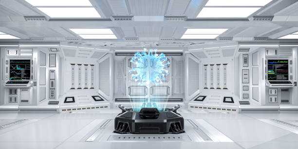 istock Futuristic Sci-Fi Hallway interior with Hologram Machine displaying Coronavirus or Covid-19, 3D Rendering 1217398862