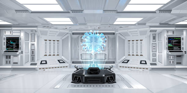 Futuristic Sci-Fi Hallway interior with Hologram Machine displaying Coronavirus or Covid-19, 3D Rendering stock photo