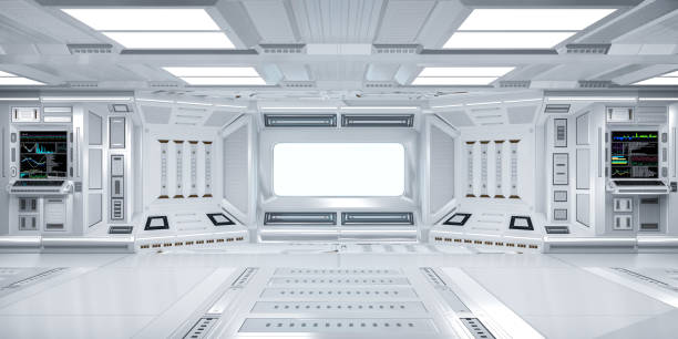 Futuristic Sci-Fi Hallway Interior with  Computer and Monitor Screen on Wall, 3D Rendering Futuristic Sci-Fi Hallway Interior with  Computer and Monitor Screen on Wall, 3D Rendering spaceship stock pictures, royalty-free photos & images