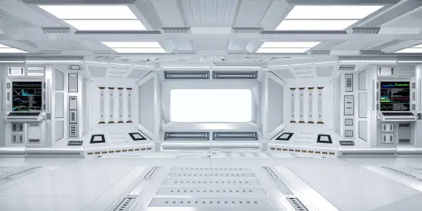 Photo of Futuristic Sci-Fi Hallway Interior with  Computer and Monitor Screen on Wall, 3D Rendering
