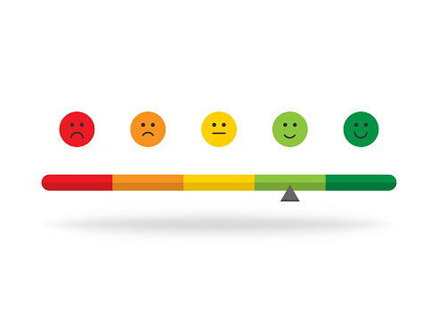 Satisfaction rating of mood. Happy emoticon, negative or good. Emoji of sad and excellent rating. Emoticon scale. Vector EPS 10.
