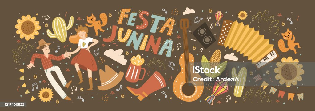 Festa Junina! Vector cute illustration of Brazilian Latin American festival. Set of people, guitar, dance, flashlight, accordion, sunflower and objects. Drawings for banner, card, poster, postcard Festa Junina stock vector