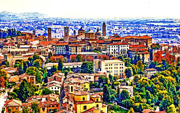 Panoramic veiw on Upper old city (Citta Alta) in Bergamo with historic buildings. Color pencil and watercolor sketch style illustration.