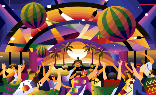 Music summer festival! Vector cute illustration of dancing people at festival, concert, party or free event. Men and women having fun at disco with DJ. Drawings for banner, card, poster or postcard Music summer festival! Vector cute illustration of dancing people at festival, concert, party or free event. Men and women having fun at disco with DJ. Drawings for banner, card, poster or postcard block party stock illustrations