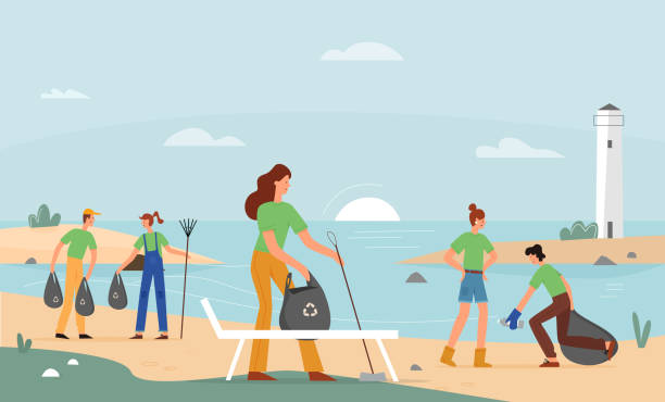 Volunteer activity, beach garbage collection vector illustration Volunteer activity, beach garbage collection vector illustration. Male and female volunteers, young people with broom and garbage bags flat characters. Environmental cleanup, volunteering concept environmental cleanup stock illustrations