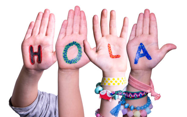 istock Kids Hands Holding Word Hola Means Hello, Isolated Background 1217402922