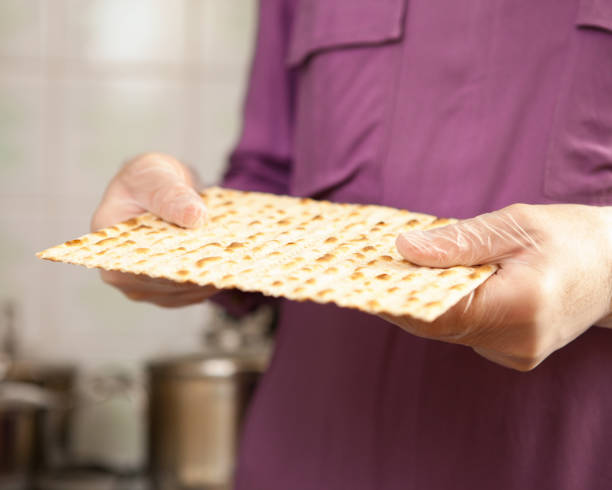 mujer con guantes de protección sostiene matzo - passover matzo bread middle fotografías e imágenes de stock