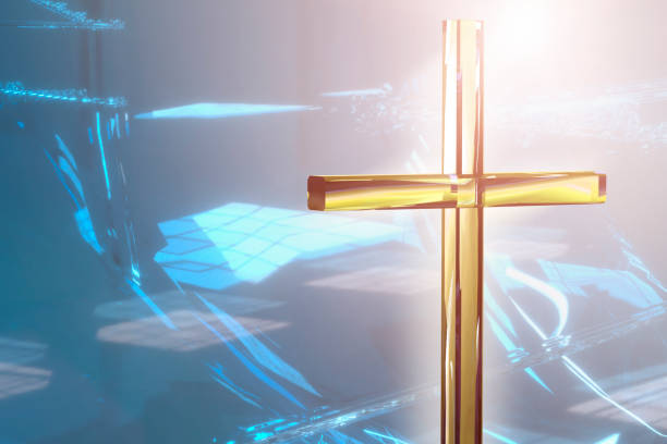 istock Christian cross on a bright background, concept of Easter and Christmas background 3D render 1217405854