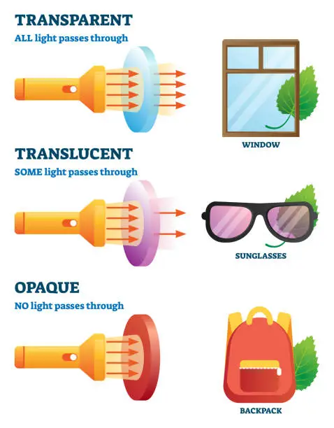 Vector illustration of Transparent, translucent or opaque properties explanation vector illustration